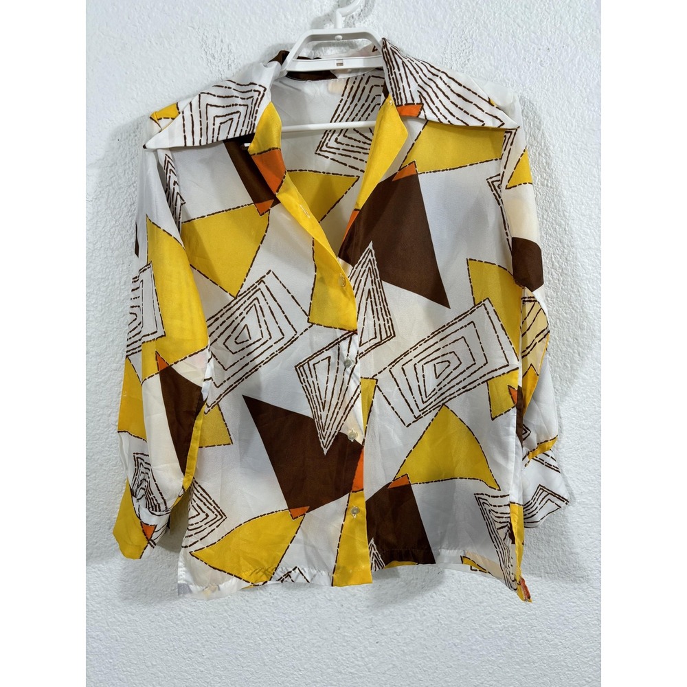 Vintage Disco Shirt Womens Small‎ Yellow Brown Sheer Geometric Polyester 70s